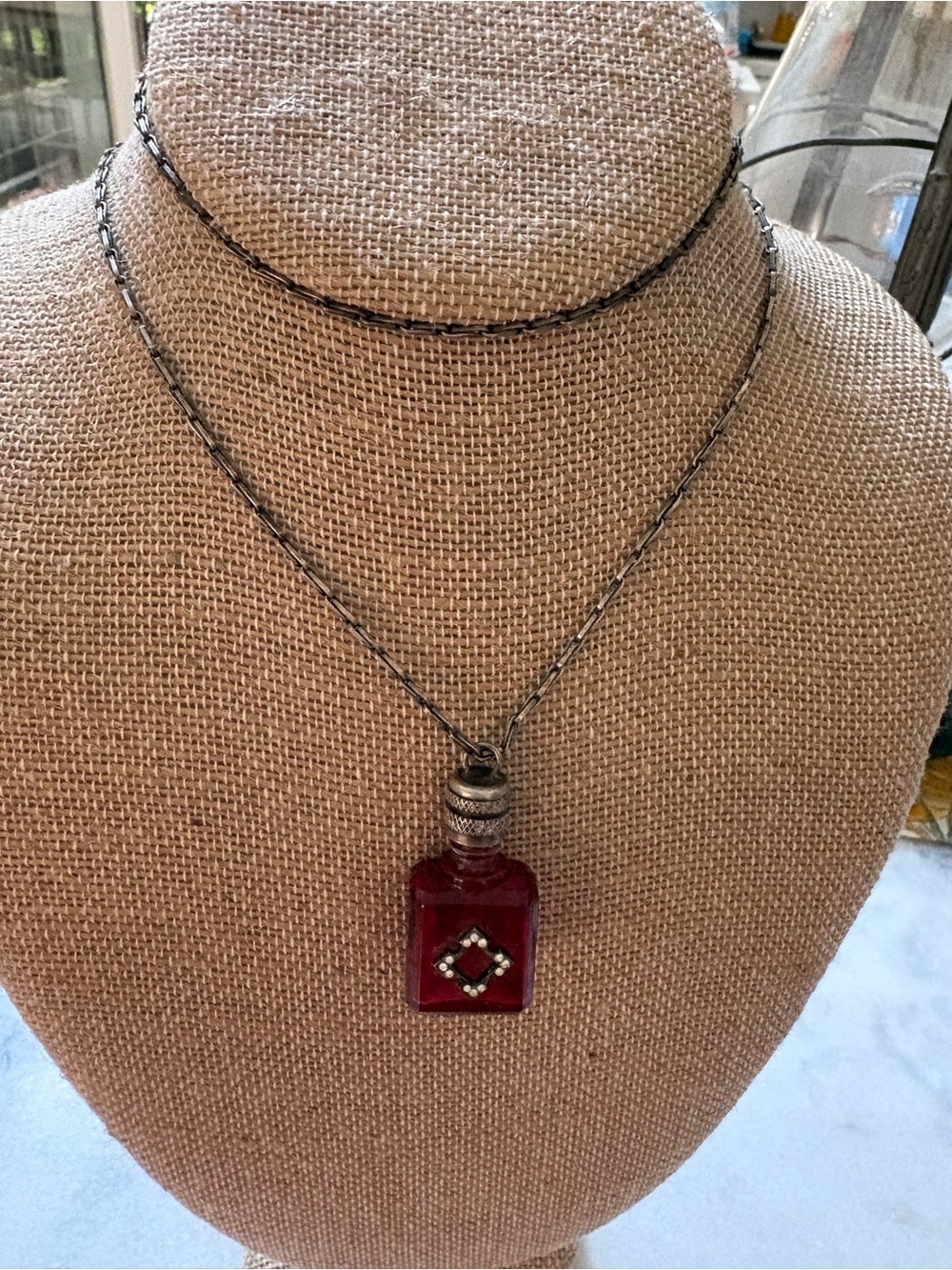 Vintage LVP France Red Glass Perfume Bottle Pendant Necklace with 34” Chain